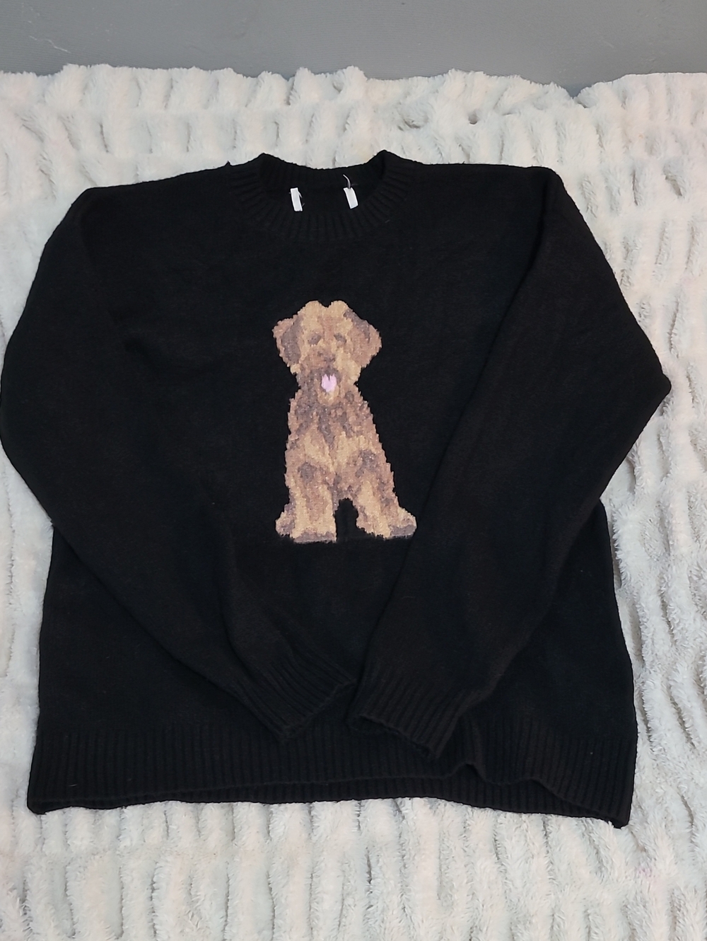 Super Soft Black Sweater with Brown Puppy Motif